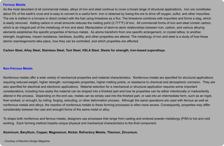 Ferrous Metals As the most abundant of all commercial metals, alloys of iron and steel continue to cover a broad range of structural applications.  Iron ore constitutes about 5% of the earth's crust and is easy to convert to a useful form. Iron is obtained by fusing the ore to drive off oxygen, sulfur, and other impurities. The ore is melted in a furnace in direct contact with the fuel using limestone as a flux. The limestone combines with impurities and forms a slag, which is easily removed.  Adding carbon in small amounts reduces the melting point (2,777°F) of iron.  All commercial forms of iron and steel contain carbon, which is an integral part of the metallurgy of iron and steel. Manipulation of atom-to-atom relationships between iron, carbon, and various alloying elements establishes the specific properties of ferrous metals.  As atoms transform from one specific arrangement, or crystal lattice, to another, strength, toughness, impact resistance, hardness, ductility, and other properties are altered. The metallurgy of iron and steel is a study of how these atomic rearrangements take place, how they can be controlled, and which properties are affected.  Carbon Steel, Alloy Steel, Stainless Steel, Tool Steel, HSLA Steel, Steels for strength, Iron-based superalloys.   Non-Ferrous Metals  Nonferrous metals offer a wide variety of mechanical properties and material characteristics.  Nonferrous metals are specified for structural applications requiring reduced weight, higher strength, nonmagnetic properties, higher melting points, or resistance to chemical and atmospheric corrosion.  They are also specified for electrical and electronic applications.  Material selection for a mechanical or structural application requires some important considerations, including how easily the material can be shaped into a finished part and how its properties can be either intentionally or inadvertently altered in the process.  Depending on the end use, metals can be simply cast into the finished part, or cast into an intermediate form, such as an ingot, then worked, or wrought, by rolling, forging, extruding, or other deformation process.  Although the same operations are used with ferrous as well as nonferrous metals and alloys, the reaction of nonferrous metals to these forming processes is often more severe. Consequently, properties may differ considerably between the cast and wrought forms of the same metal or alloy.  To shape both nonferrous and ferrous metals, designers use processes that range from casting and sintered powder metallurgy (P/M) to hot and cold working.  Each forming method imparts unique physical and mechanical characteristics to the final component.  Aluminum, Beryllium, Copper, Magnesium, Nickel, Refractory Metals, Titanium, Zirconium.  - Courtesy of Machine Design Magazine